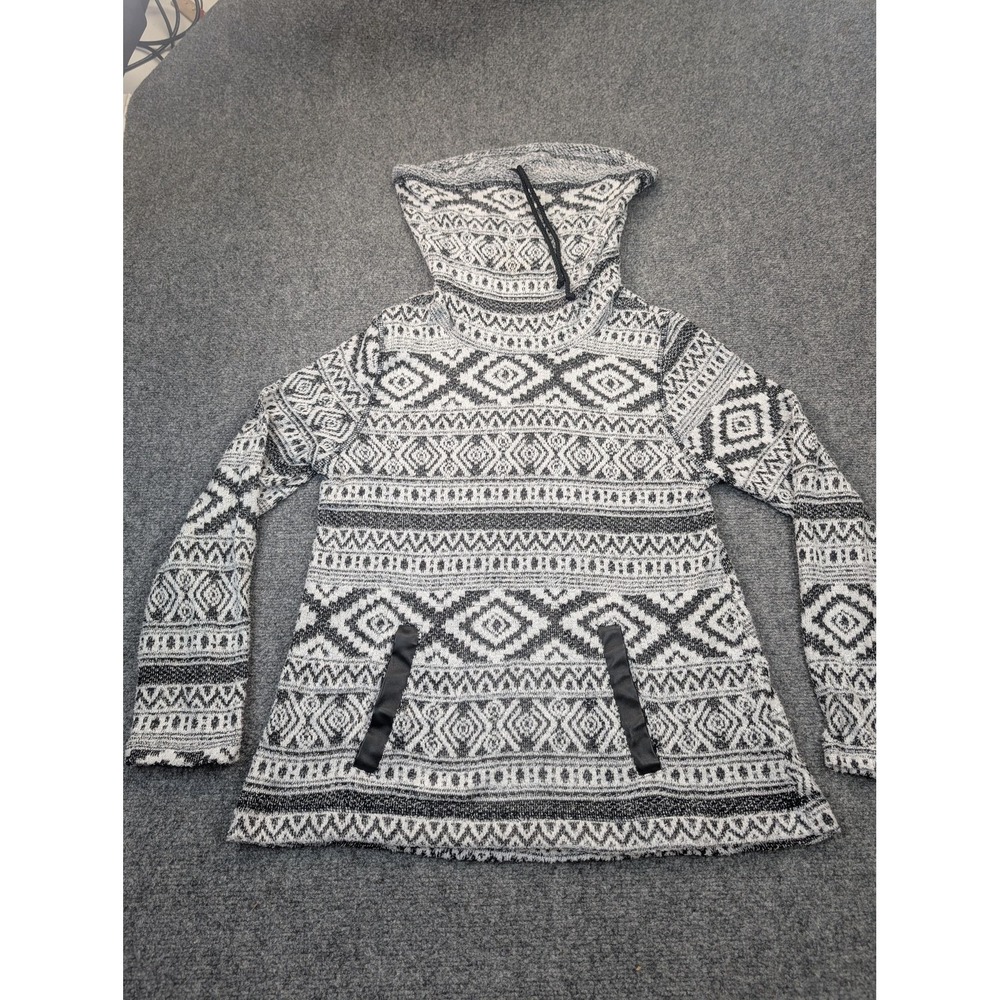 OneWorld Sweater Womens Small Black White Cowl Neck Hooded Pullover Aztec Knit